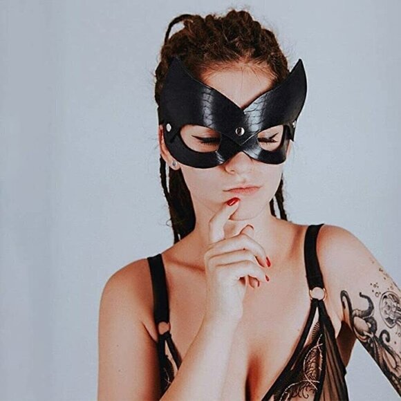 𝅺BLACK Leather Kitty Cat Masquerade Face Mask Slave Bondage BDSM Costume Cosplay